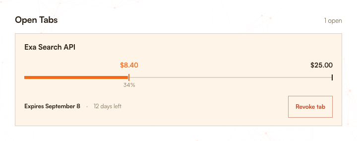 Dexter Wallet showing an open tab with spend, cap, expiry, and revoke control