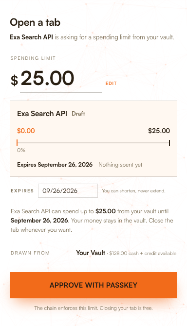 Dexter Tabs approval showing the seller, spending cap, expiry, and passkey approval